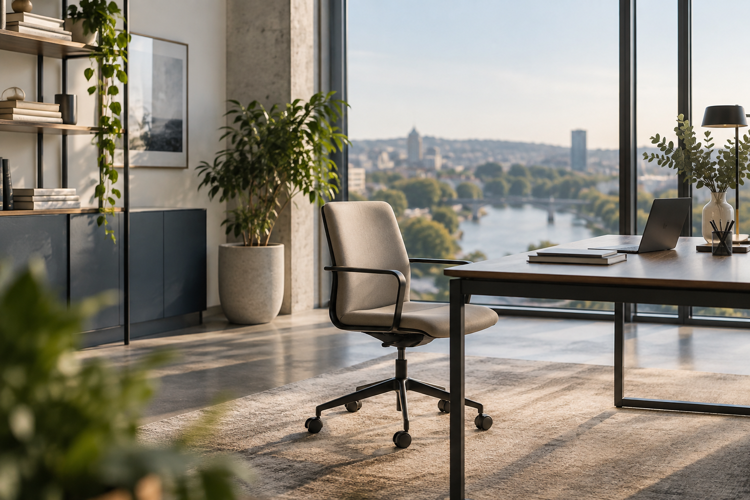 An empty desk in a bright office